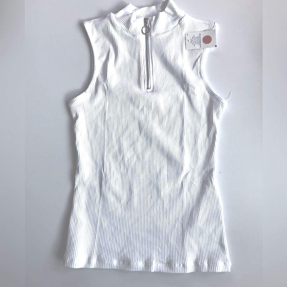 Ambiance White cotton spandex zip front ribbed mock turtle neck top size small